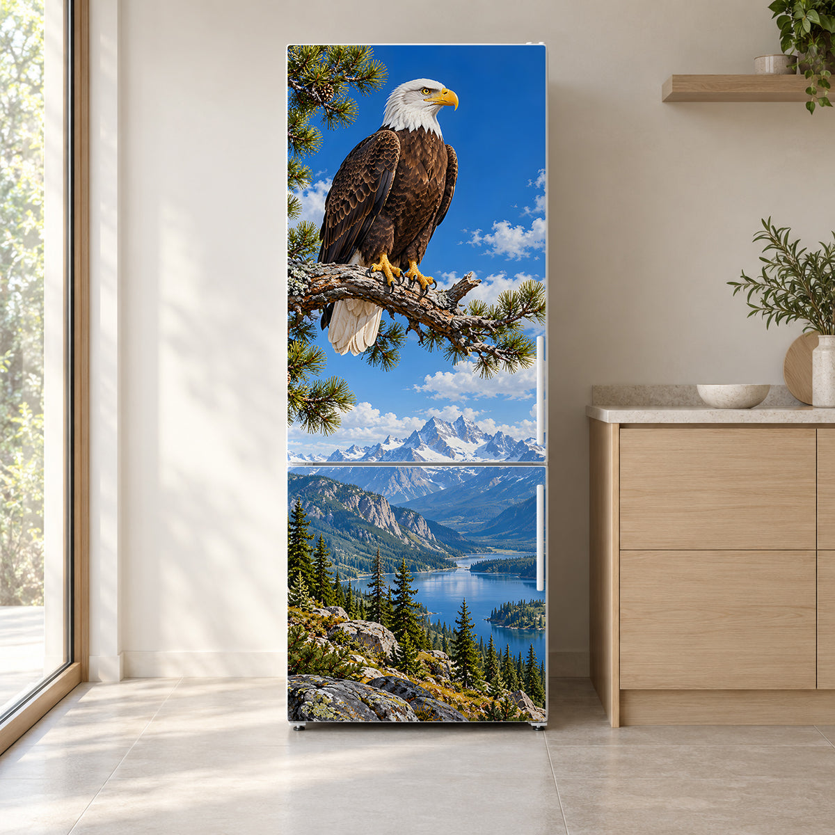 Bald Eagle fridge wrap on a white refrigerator in a bright kitchen