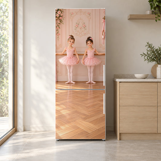 Ballerina Studio fridge wrap on a white refrigerator in a bright kitchen