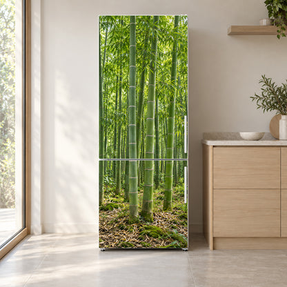 Bamboo Grove fridge wrap on a white refrigerator in a bright kitchen