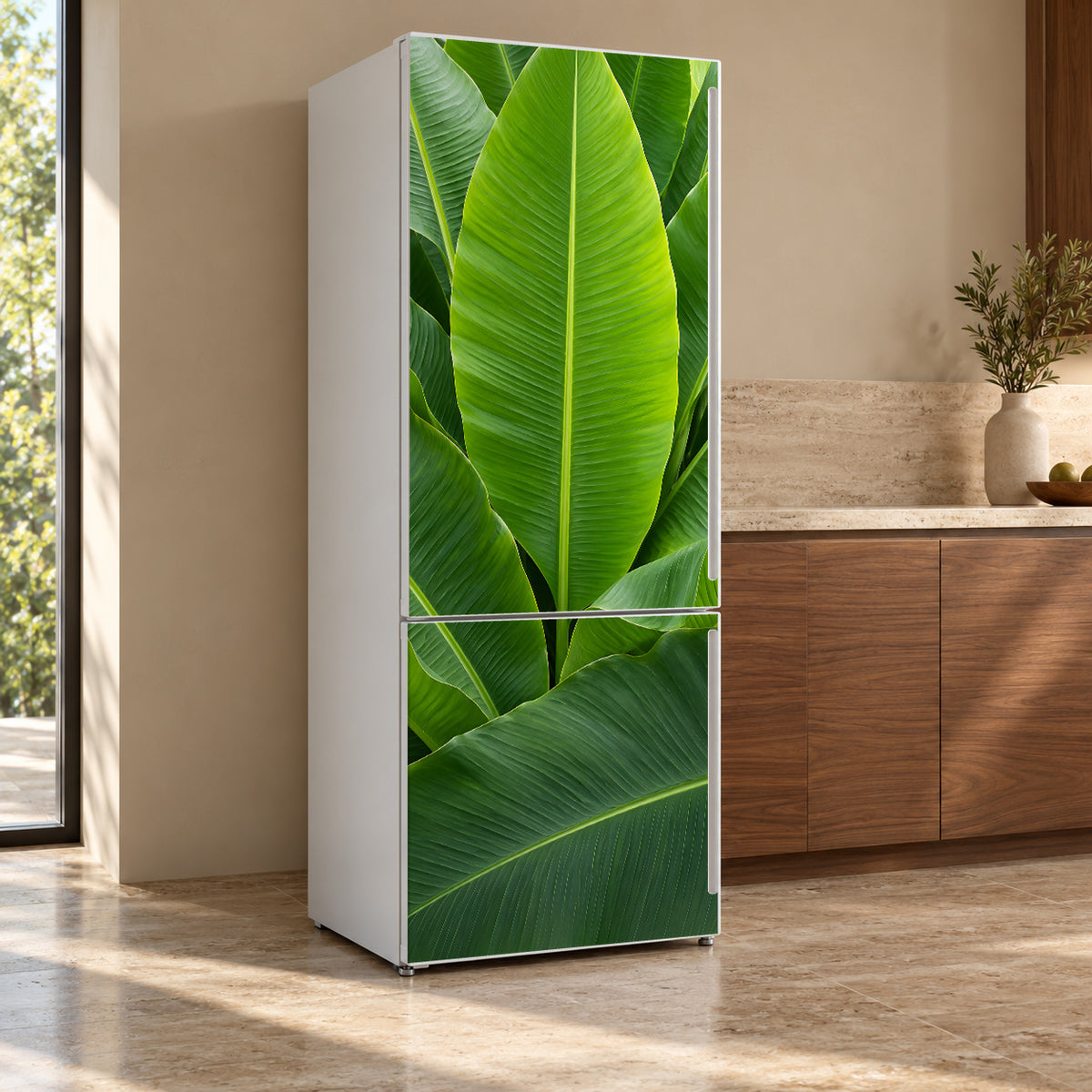 Banana Leaves fridge wrap, refrigerator shown at an angle