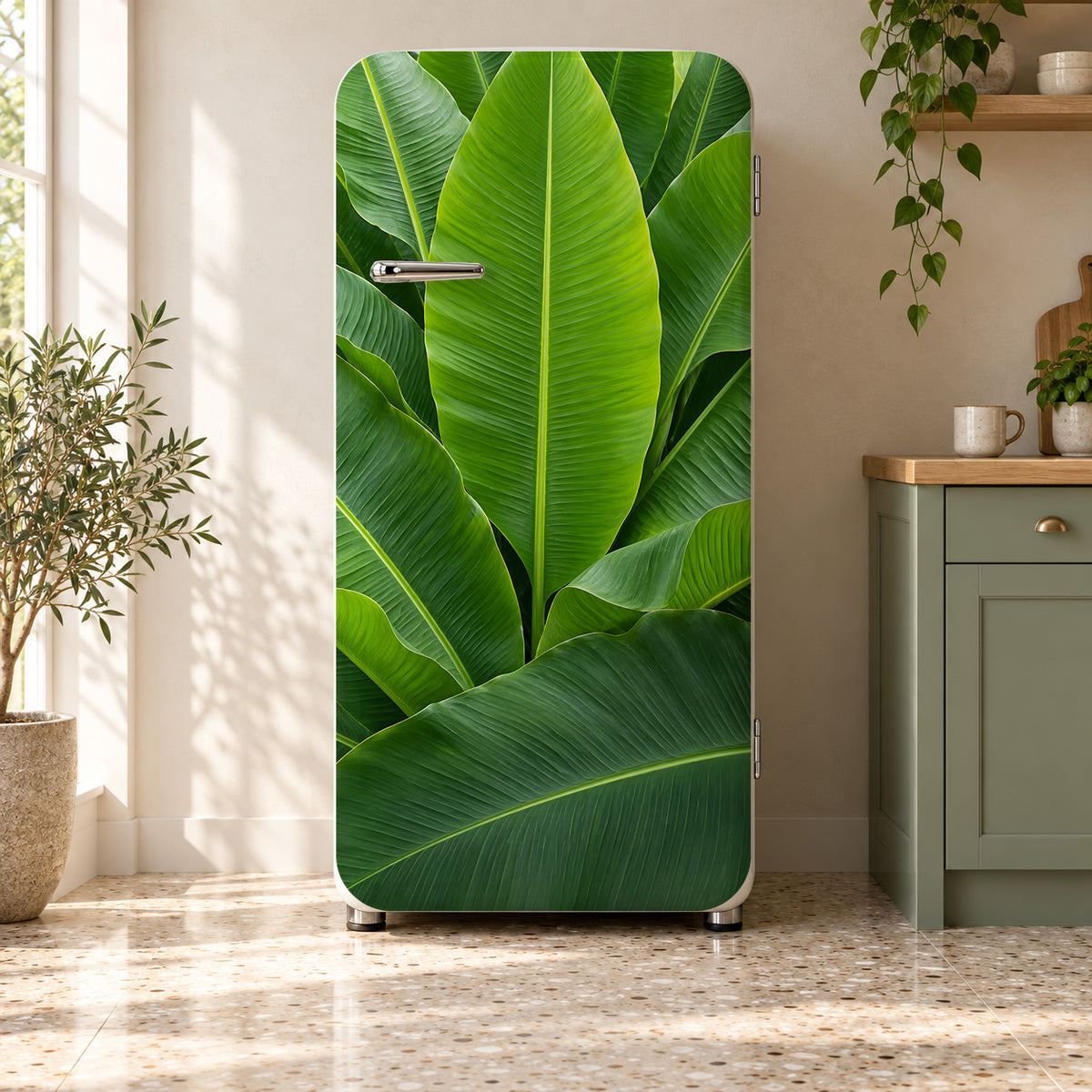 Banana Leaves fridge wrap on a retro refrigerator