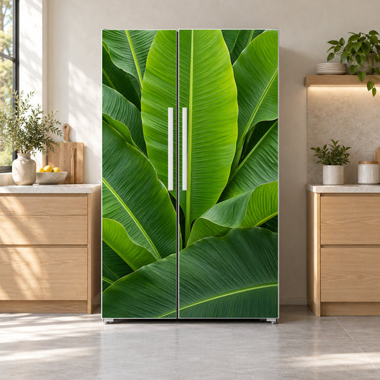 Banana Leaves fridge wrap on a side-by-side refrigerator