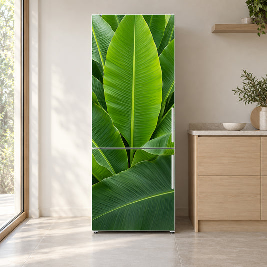Banana Leaves fridge wrap on a white refrigerator in a bright kitchen