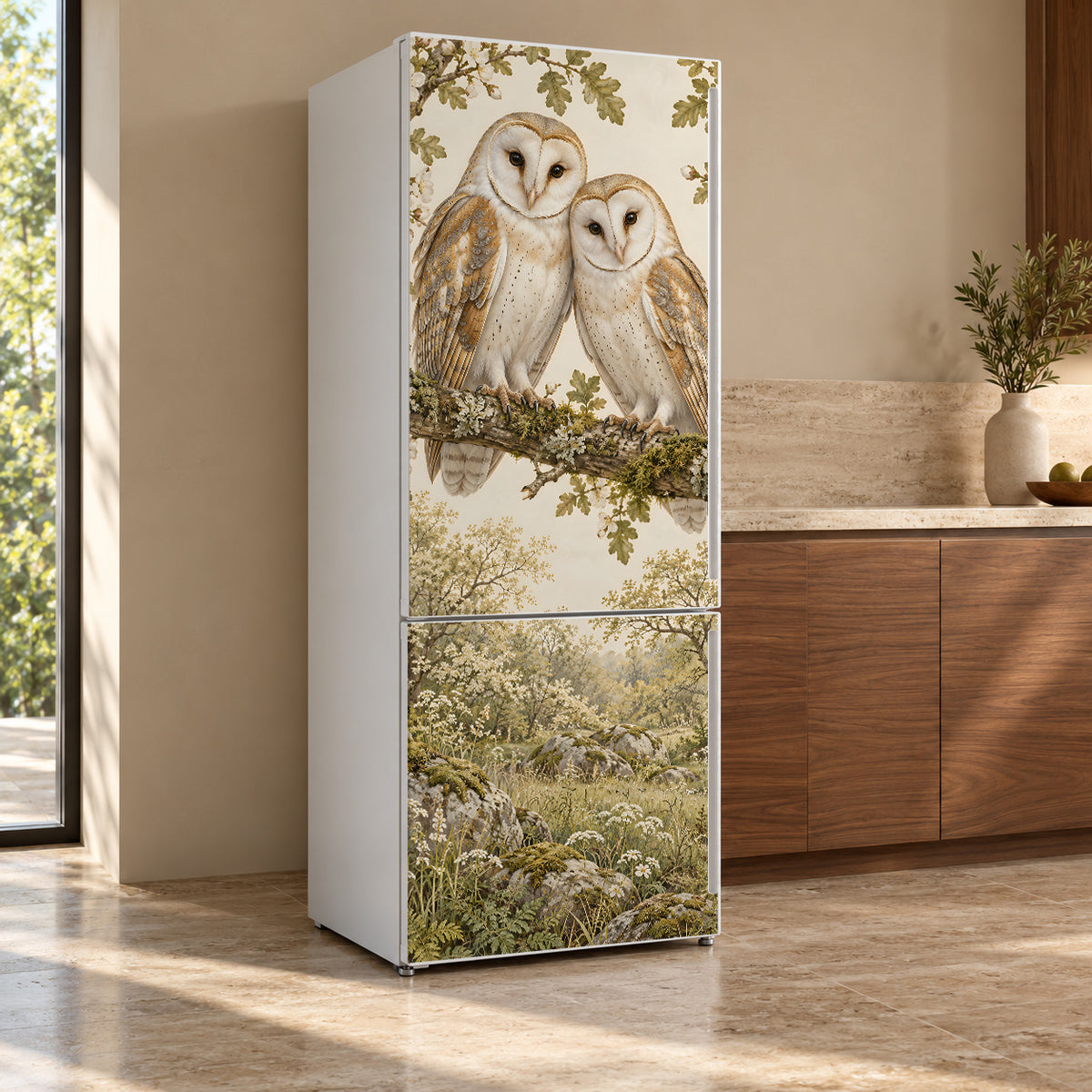 Barn Owls fridge wrap, refrigerator shown at an angle