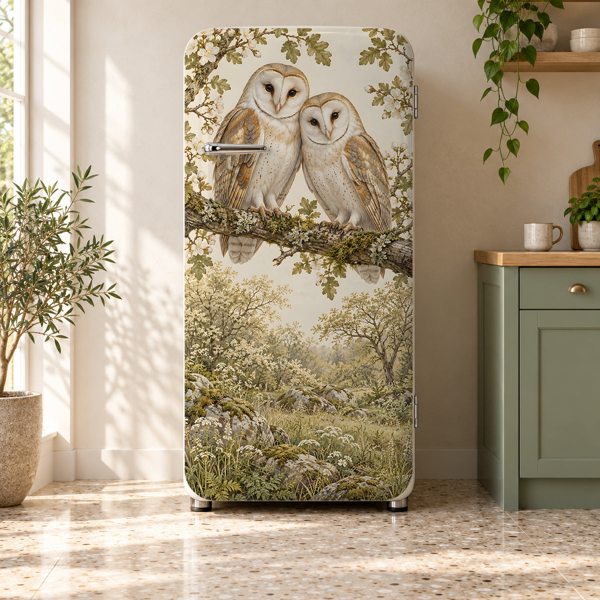 Barn Owls fridge wrap on a retro refrigerator