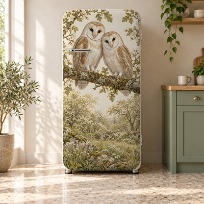 Barn Owls fridge wrap on a retro refrigerator