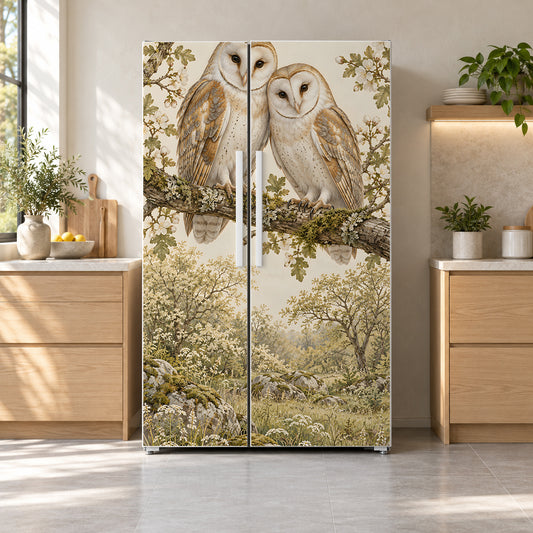 Barn Owls fridge wrap on a side-by-side refrigerator