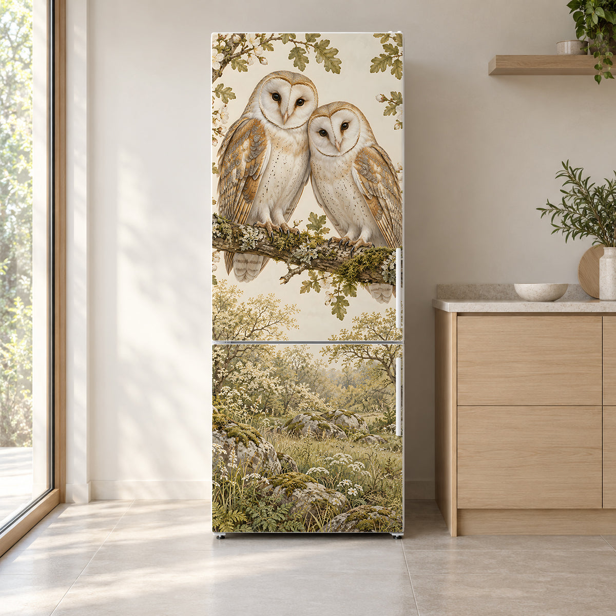 Barn Owls fridge wrap on a white refrigerator in a bright kitchen