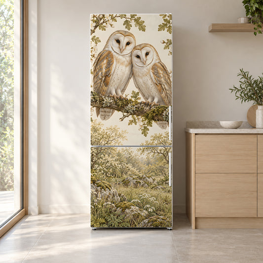 Barn Owls fridge wrap on a white refrigerator in a bright kitchen