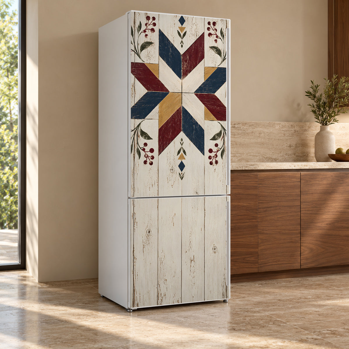 Barn Quilt Star fridge wrap, refrigerator shown at an angle