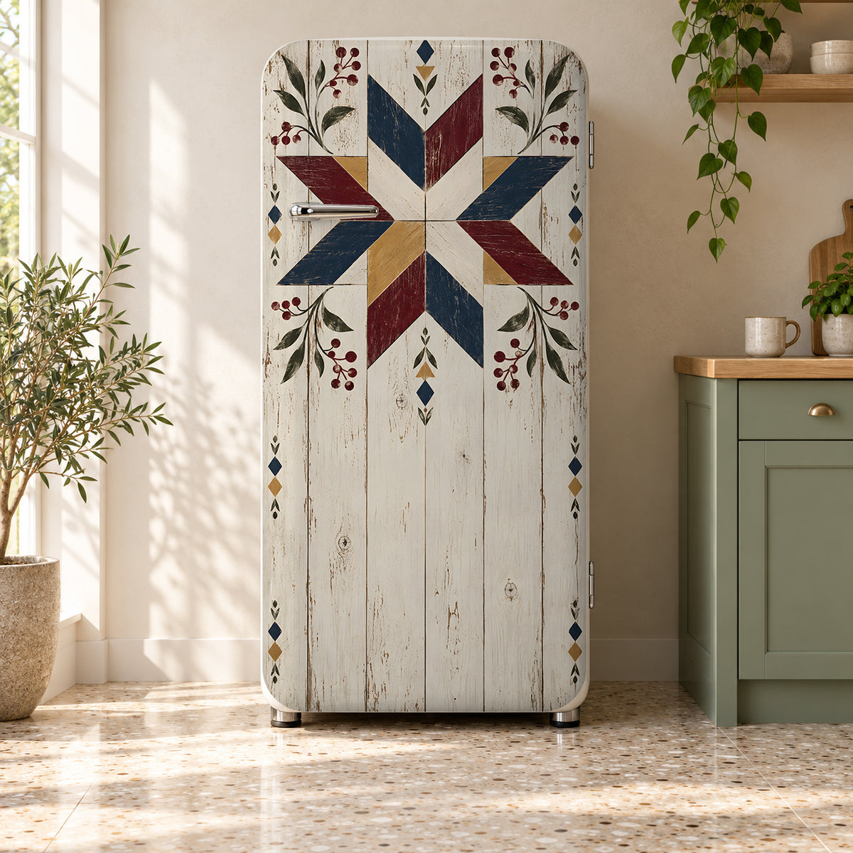 Barn Quilt Star fridge wrap on a retro refrigerator