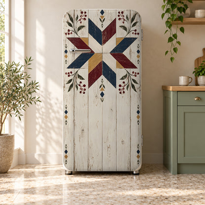 Barn Quilt Star fridge wrap on a retro refrigerator