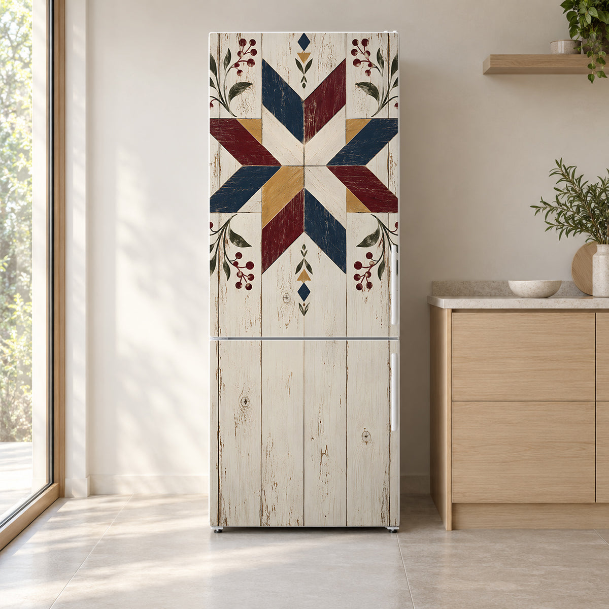 Barn Quilt Star fridge wrap on a white refrigerator in a bright kitchen