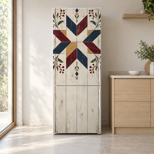 Barn Quilt Star fridge wrap on a white refrigerator in a bright kitchen