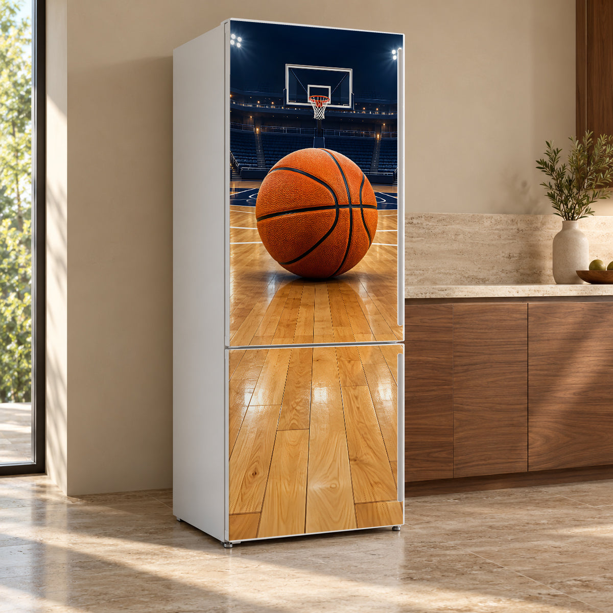 Basketball Court fridge wrap, refrigerator shown at an angle