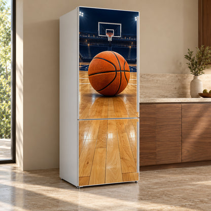 Basketball Court fridge wrap, refrigerator shown at an angle