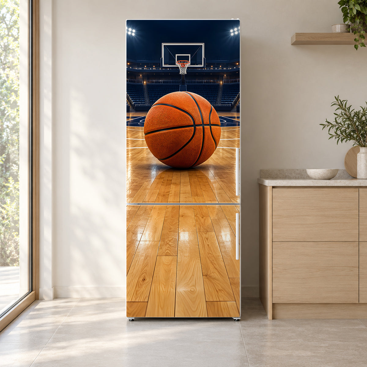 Basketball Court fridge wrap on a white refrigerator in a bright kitchen