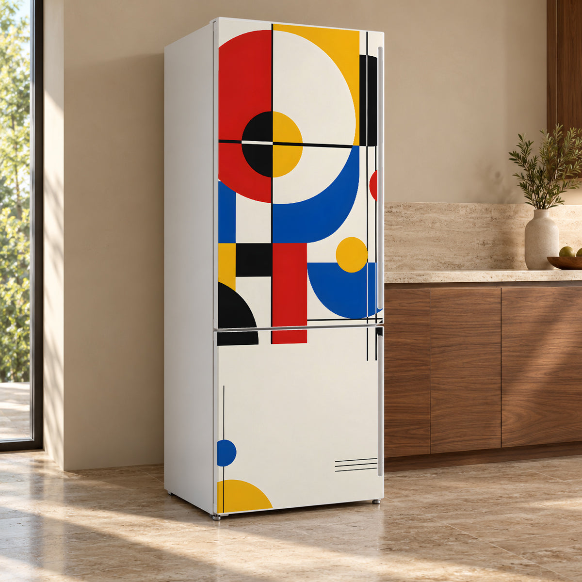 Bauhaus Shapes fridge wrap, refrigerator shown at an angle