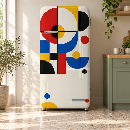 Bauhaus Shapes fridge wrap on a retro refrigerator