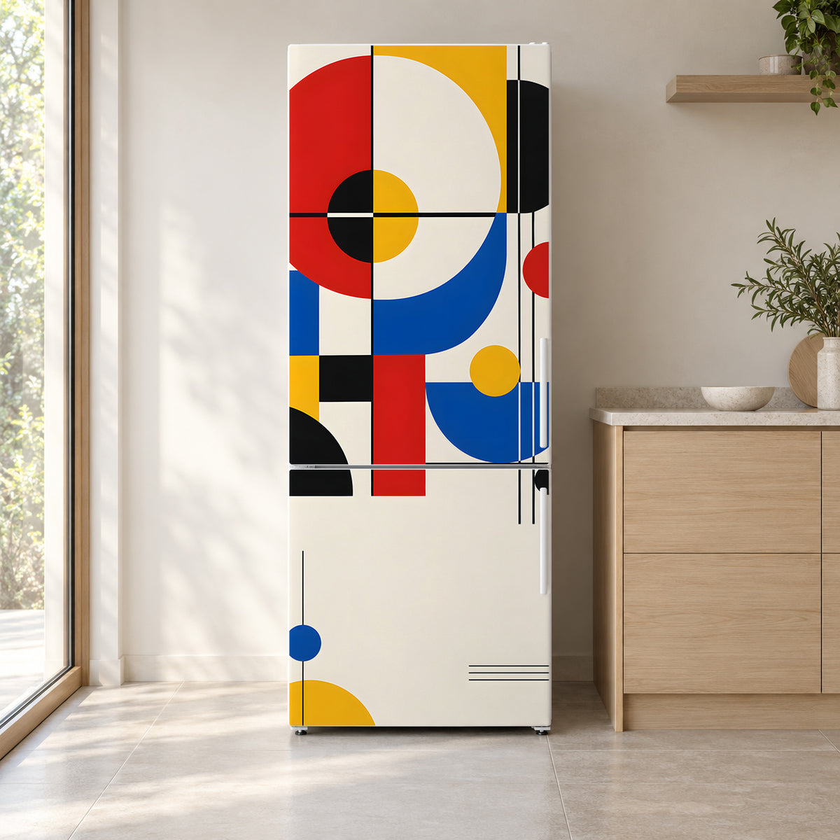 Bauhaus Shapes fridge wrap on a white refrigerator in a bright kitchen