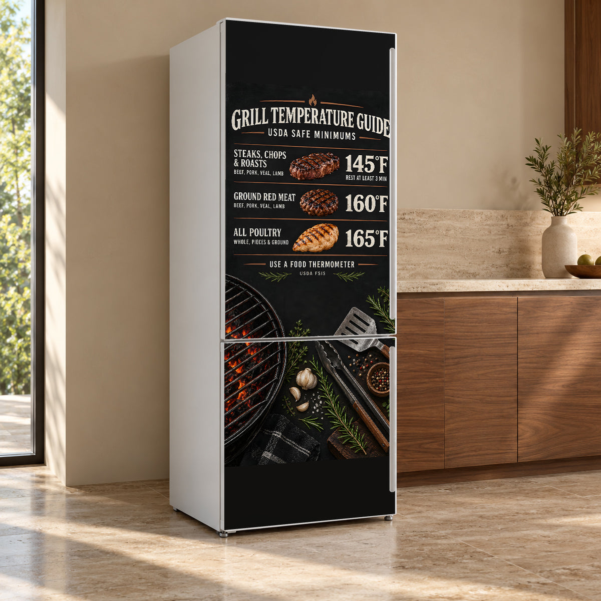 BBQ Meat Temperature Chart fridge wrap, refrigerator shown at an angle
