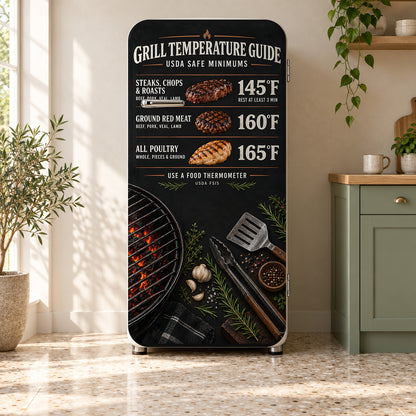 BBQ Meat Temperature Chart fridge wrap on a retro refrigerator
