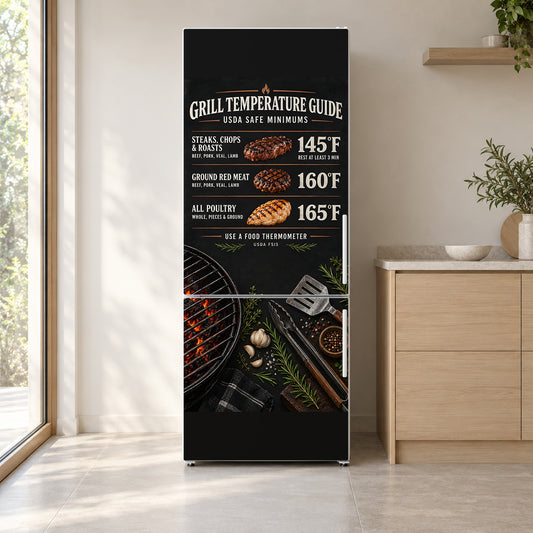BBQ Meat Temperature Chart fridge wrap on a white refrigerator in a bright kitchen