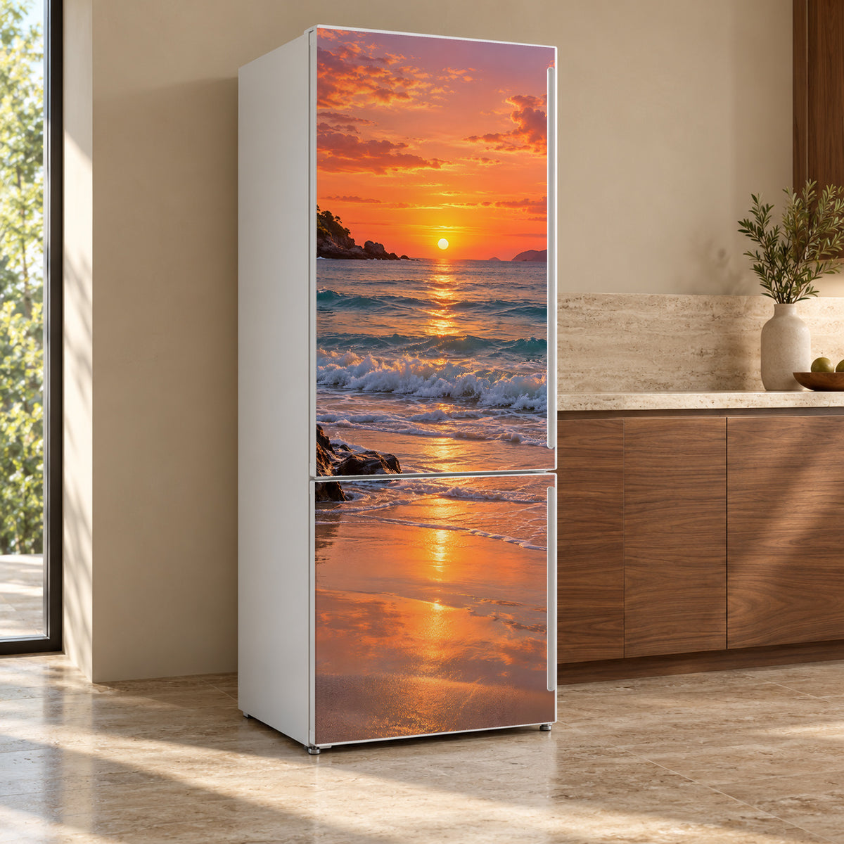 Beach Sunset fridge wrap, refrigerator shown at an angle