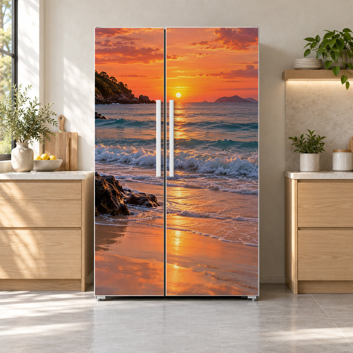 Beach Sunset fridge wrap on a side-by-side refrigerator