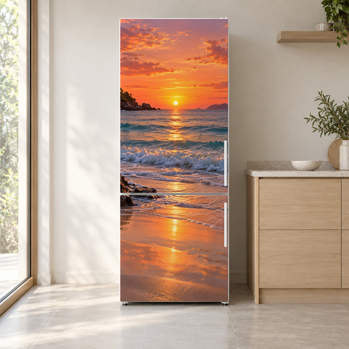 Beach Sunset fridge wrap on a white refrigerator in a bright kitchen