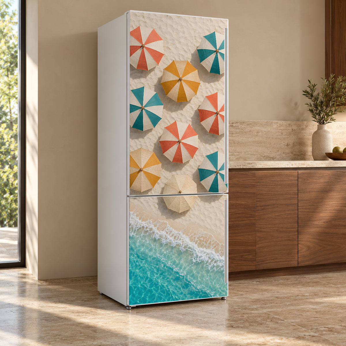 Beach Umbrellas Aerial fridge wrap, refrigerator shown at an angle