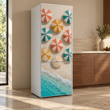 Beach Umbrellas Aerial fridge wrap, refrigerator shown at an angle