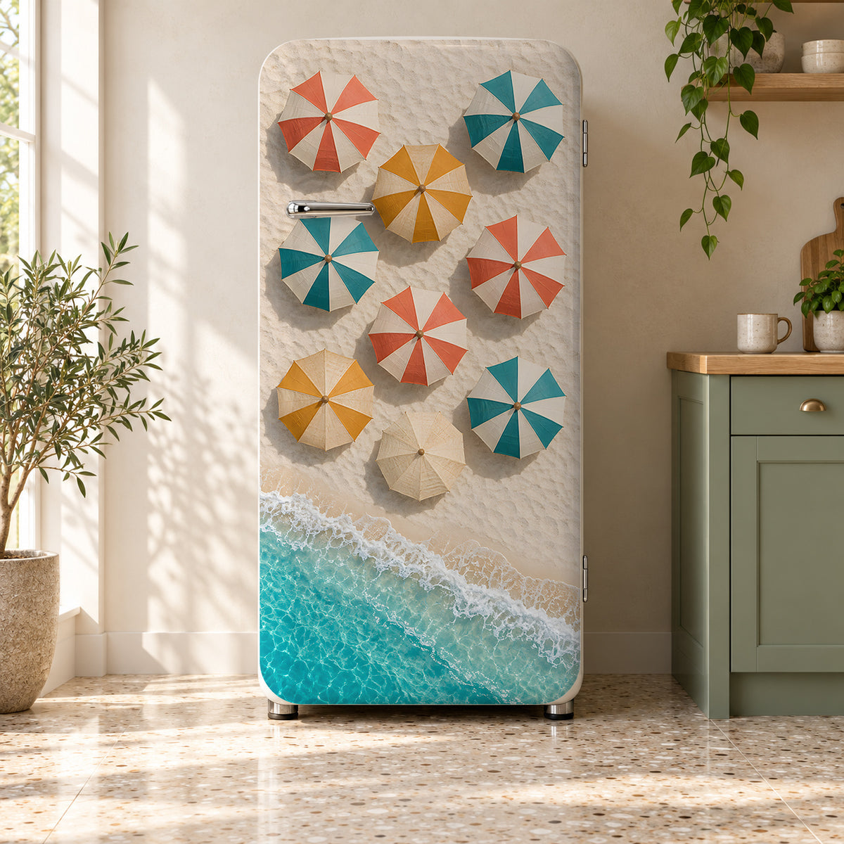 Beach Umbrellas Aerial fridge wrap on a retro refrigerator