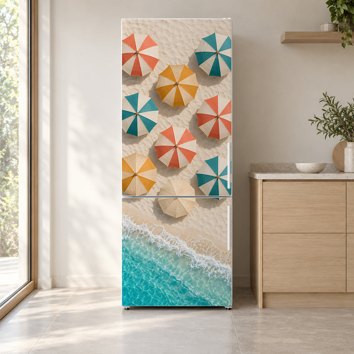 Beach Umbrellas Aerial fridge wrap on a white refrigerator in a bright kitchen