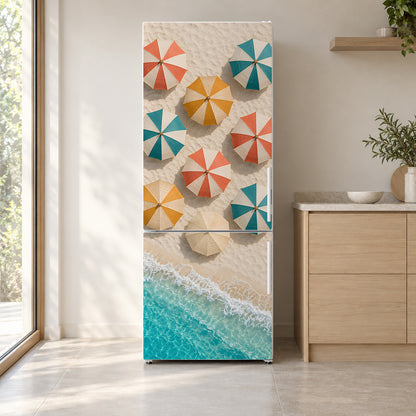 Beach Umbrellas Aerial fridge wrap on a white refrigerator in a bright kitchen