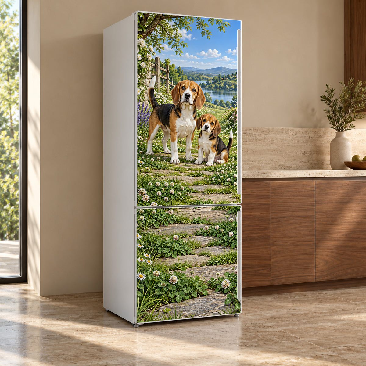 Beagles fridge wrap, refrigerator shown at an angle