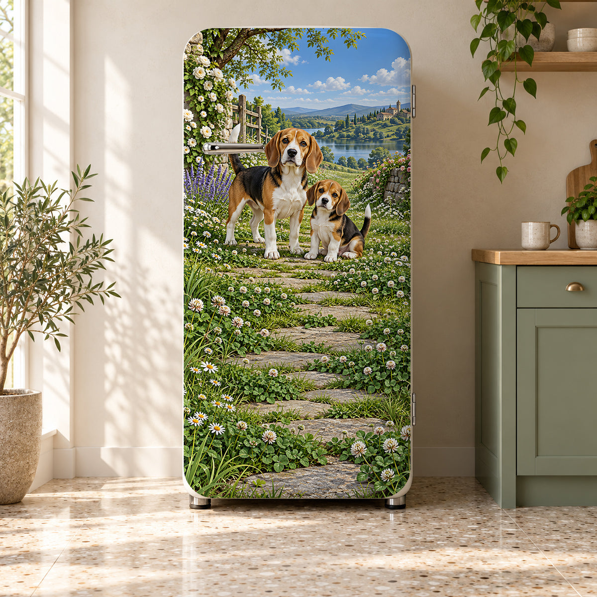 Beagles fridge wrap on a retro refrigerator