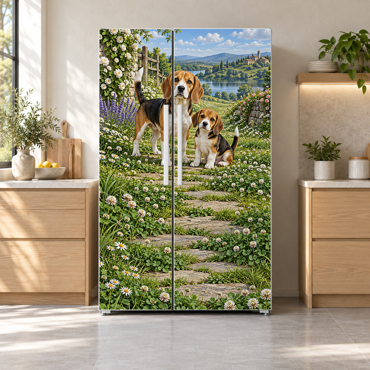 Beagles fridge wrap on a side-by-side refrigerator