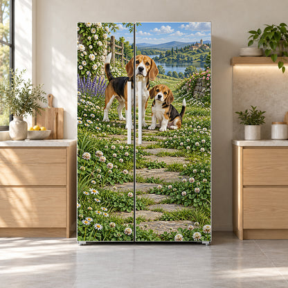 Beagles fridge wrap on a side-by-side refrigerator