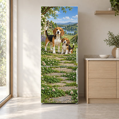 Beagles fridge wrap on a white refrigerator in a bright kitchen
