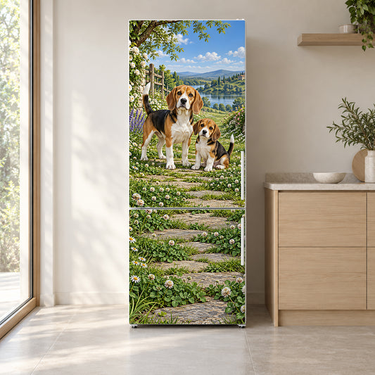 Beagles fridge wrap on a white refrigerator in a bright kitchen