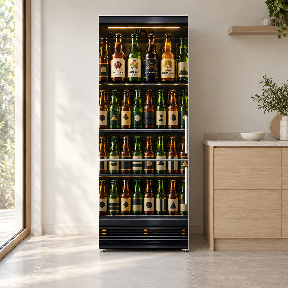 Beer Cooler Glass Door fridge wrap on a white refrigerator in a bright kitchen
