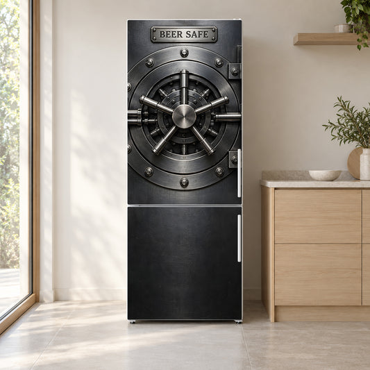 Beer Safe Vault Door fridge wrap on a white refrigerator in a bright kitchen