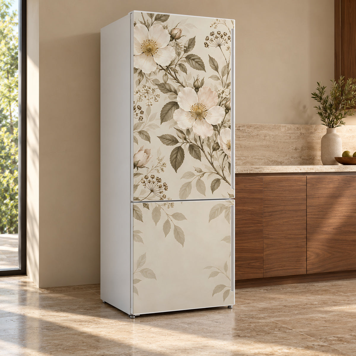 Beige Neutral Floral fridge wrap, refrigerator shown at an angle