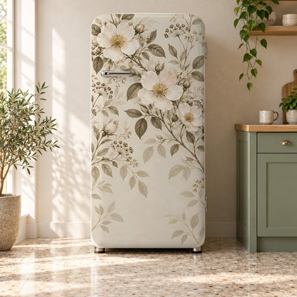 Beige Neutral Floral fridge wrap on a retro refrigerator