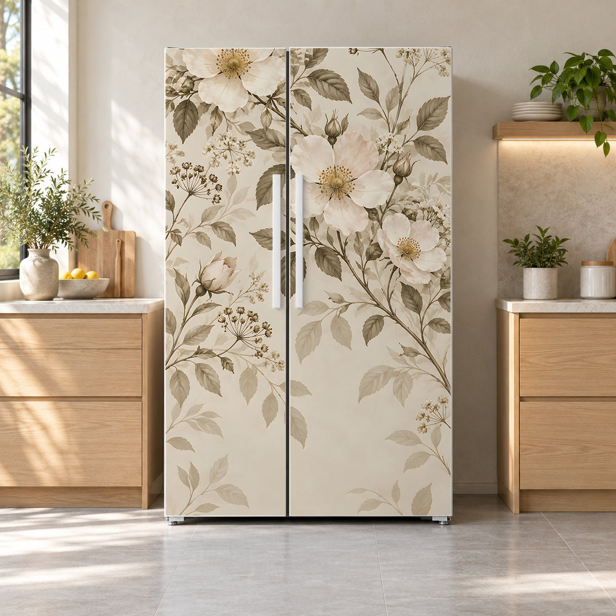 Beige Neutral Floral fridge wrap on a side-by-side refrigerator
