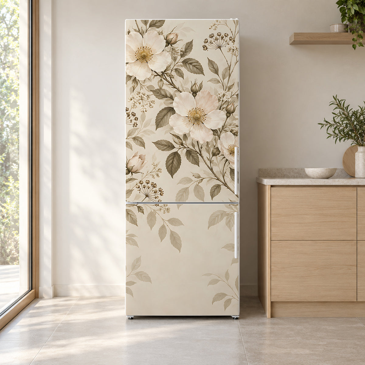 Beige Neutral Floral fridge wrap on a white refrigerator in a bright kitchen
