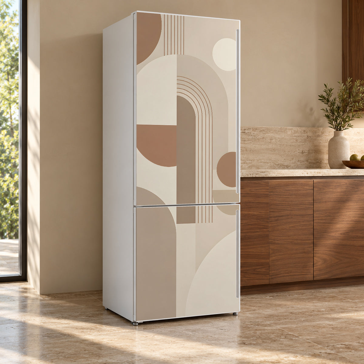 Beige Scandi Geometric fridge wrap, refrigerator shown at an angle