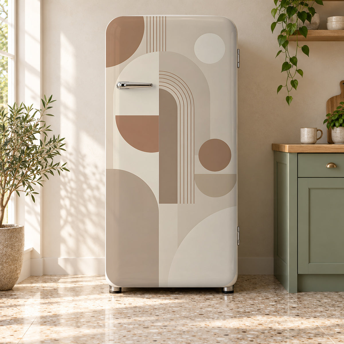Beige Scandi Geometric fridge wrap on a retro refrigerator