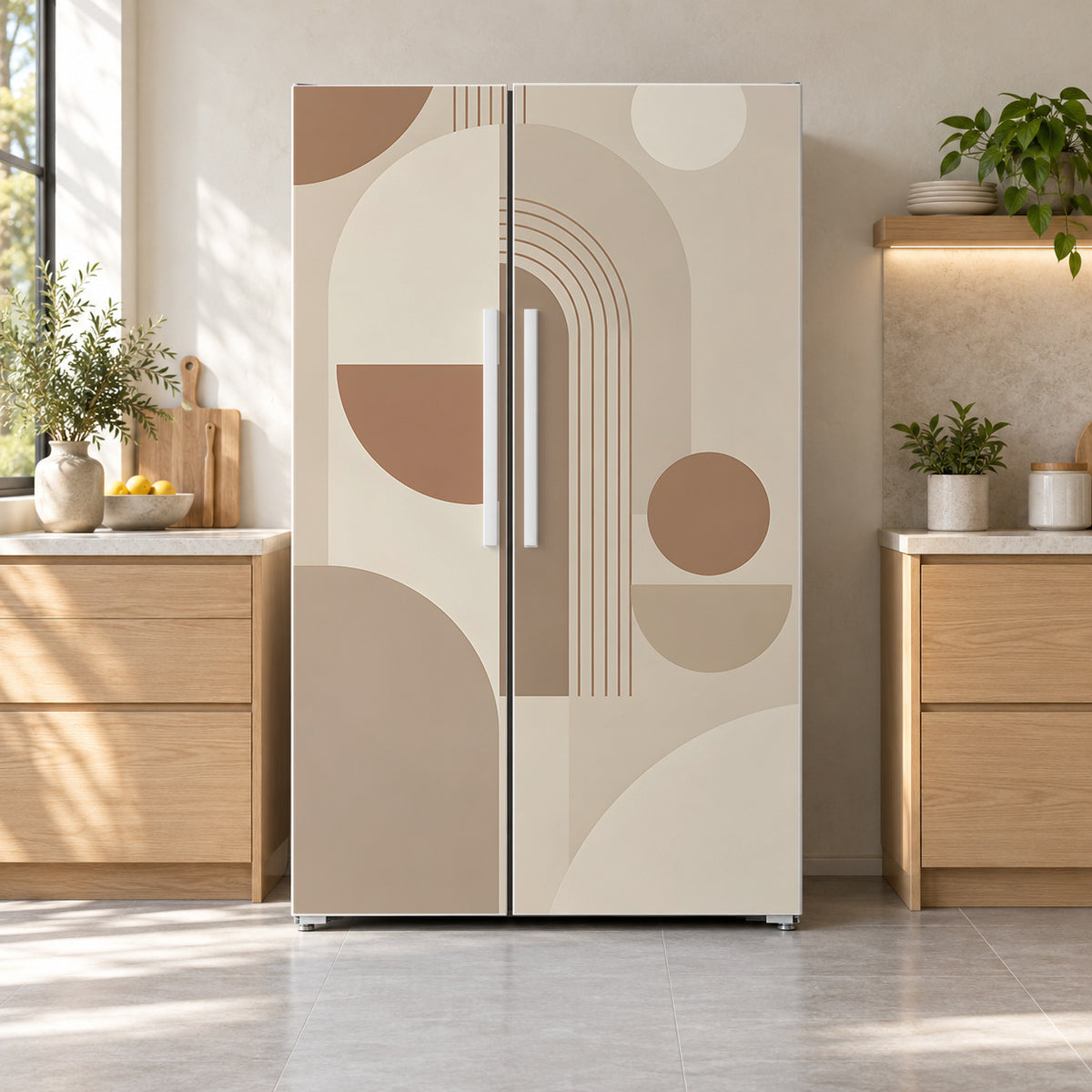 Beige Scandi Geometric fridge wrap on a side-by-side refrigerator